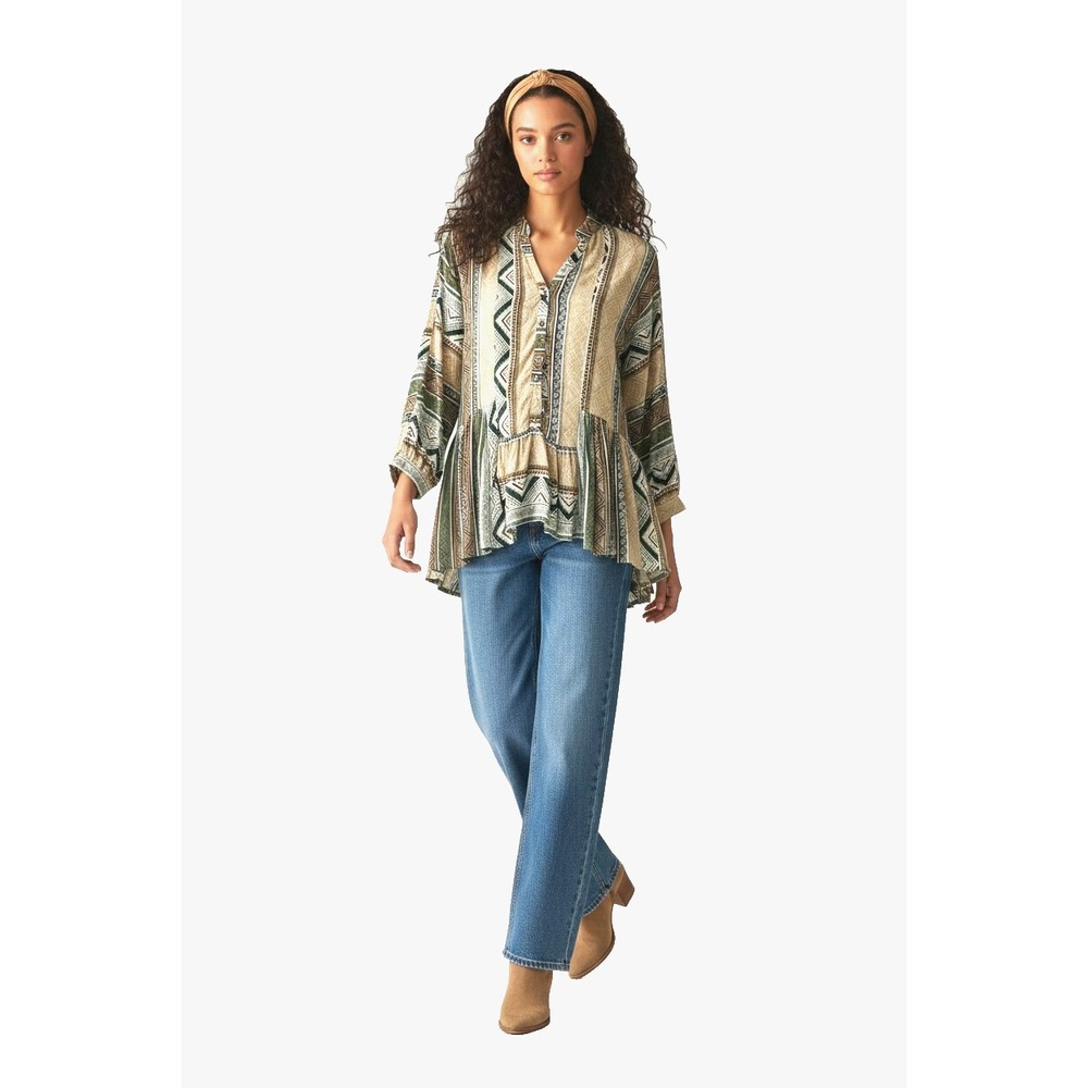 EASEL Women's Top Blouse L Earthy Geometric Print Boho Flowy Relaxed Oversized